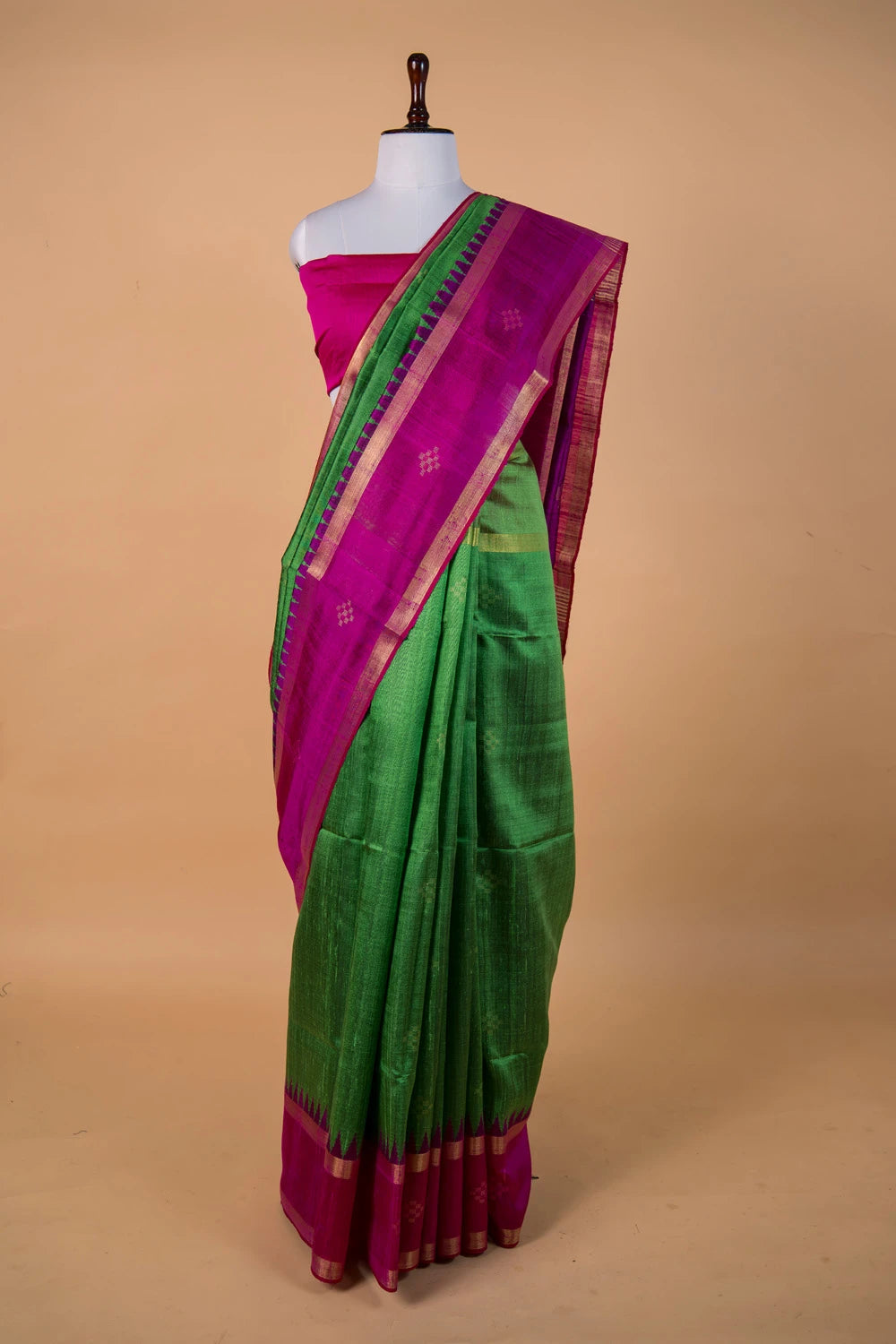 Bright Green Zari Buta Raw Silk Saree