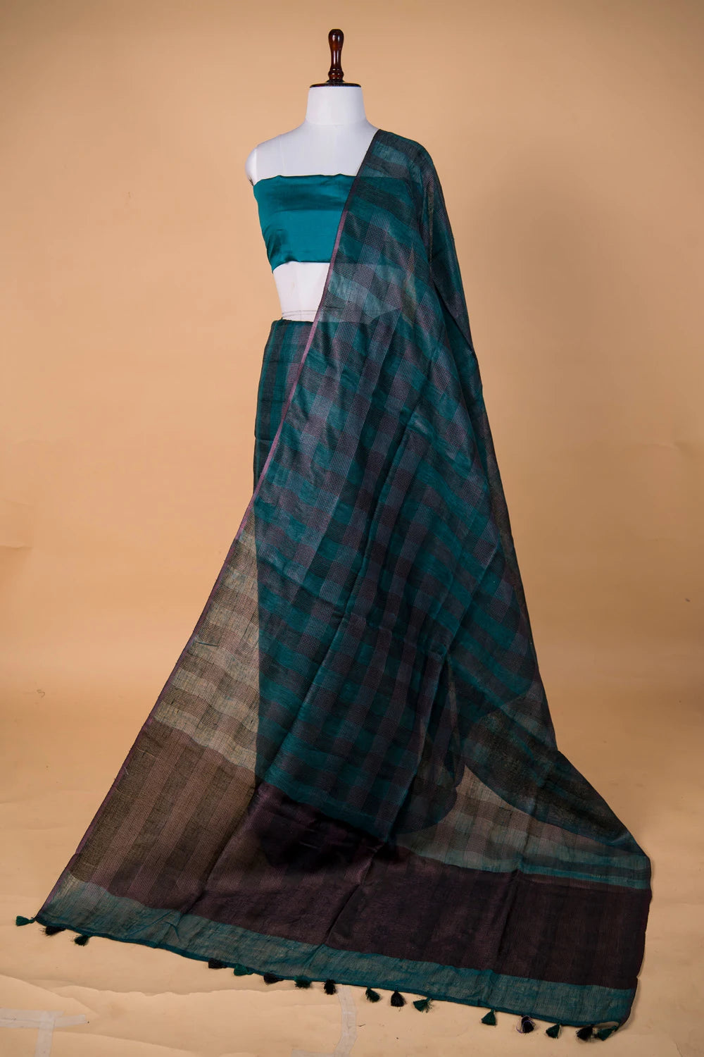 Rama Green Checks weaving Pure Linen Saree