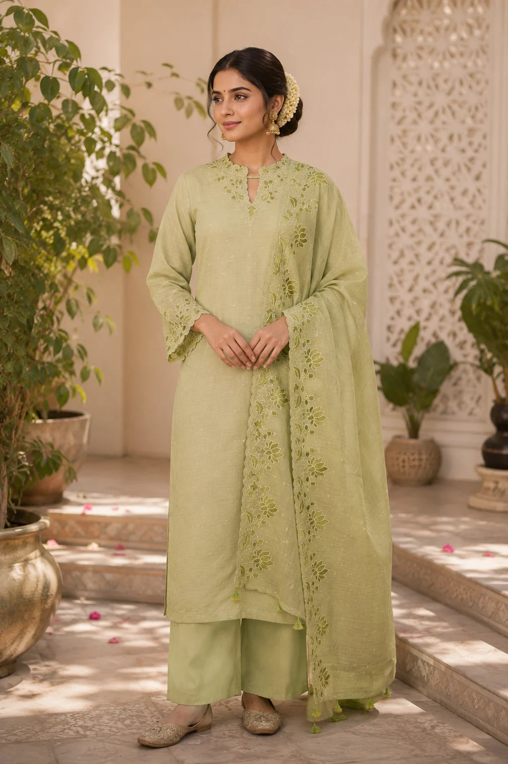 Mehndi Green Cut Work Matka Linen Suit