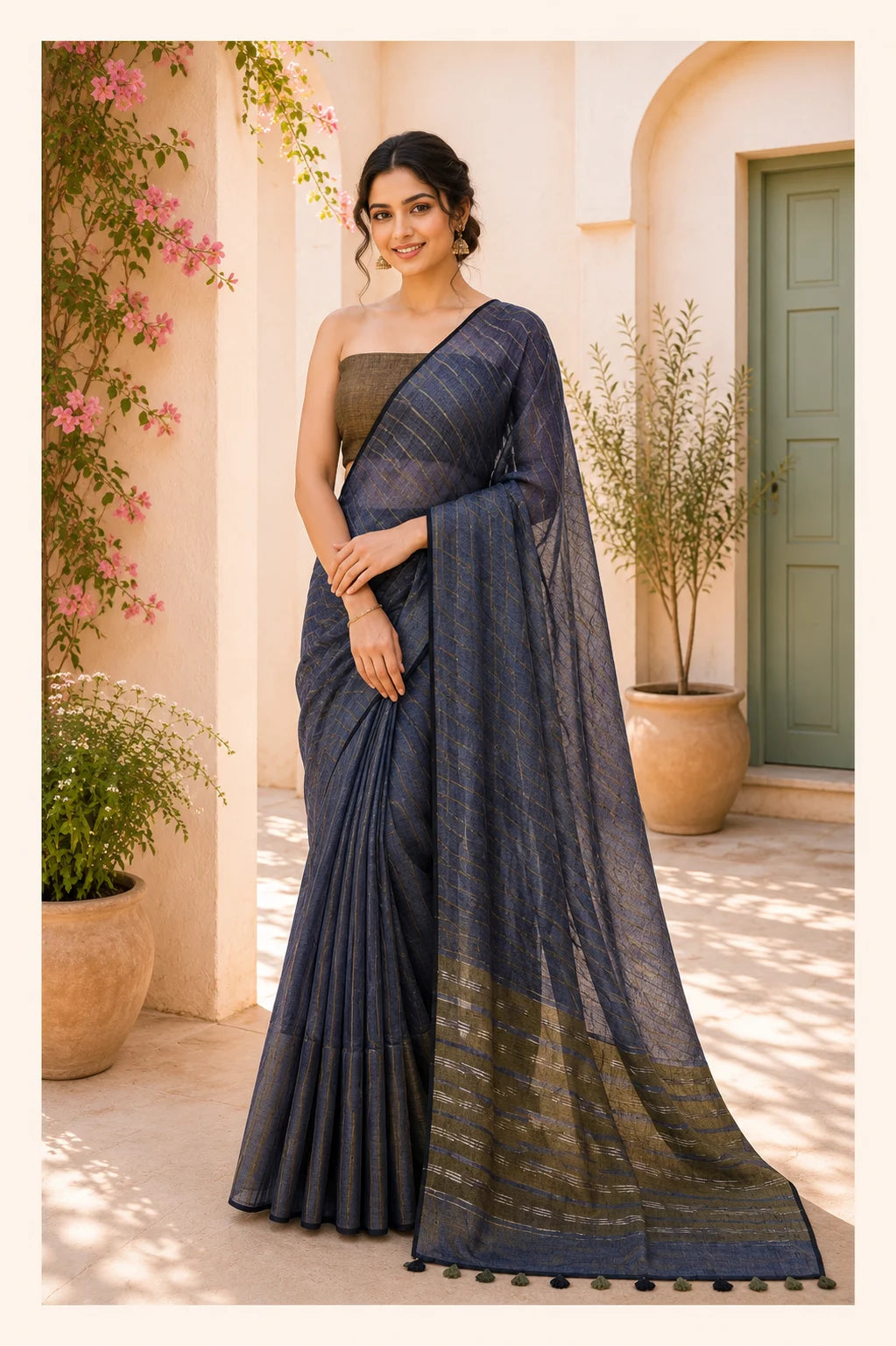 Blue Striped Pure Linen Saree