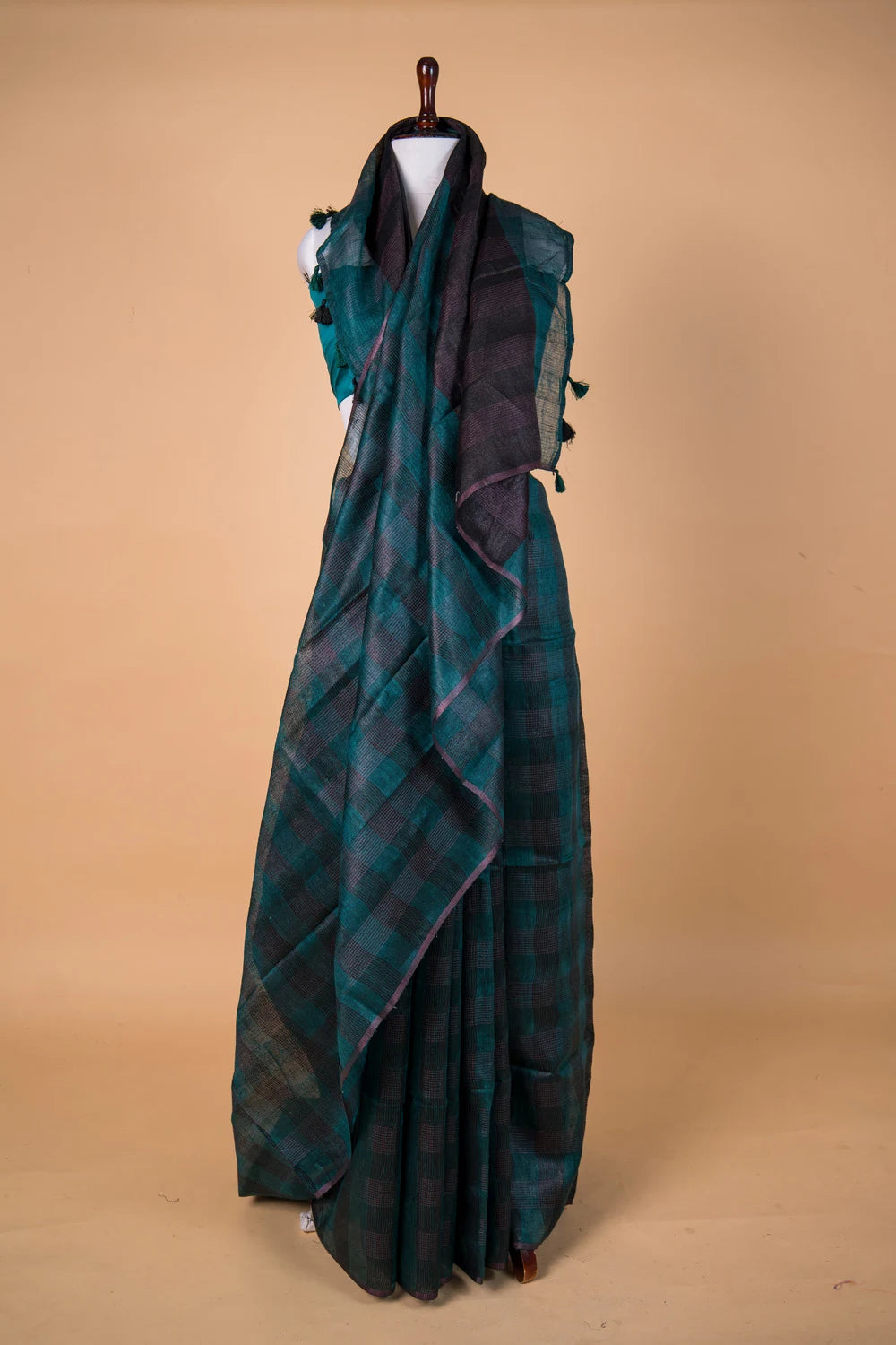 Rama Green Checks weaving Pure Linen Saree