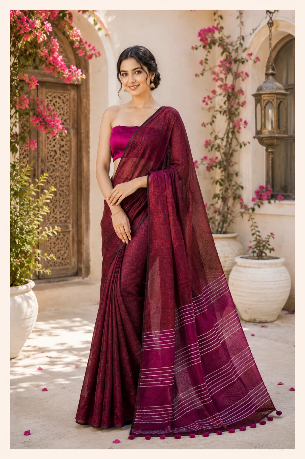 Brick Red Pure Linen Saree