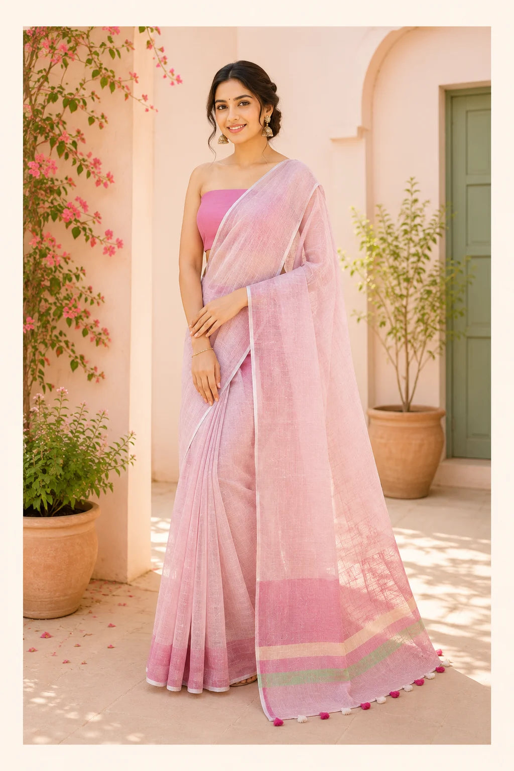 Peach Pure Linen Saree