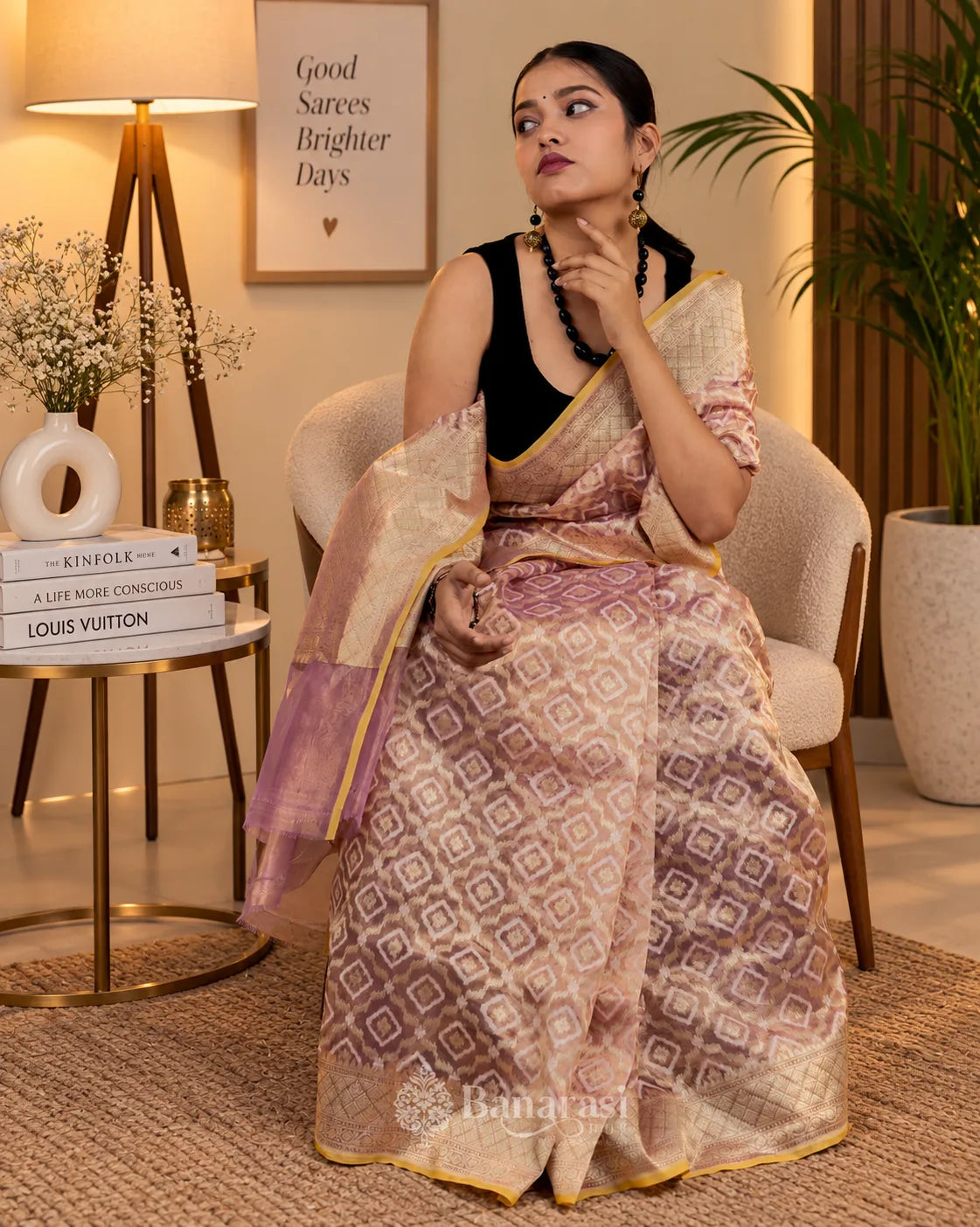 Golden Metallic Pink Tissue Banarasi Silk Saree