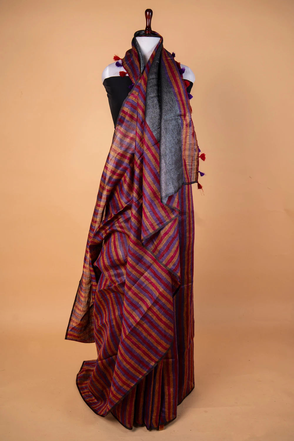 Multi Color Striped Pure Linen Saree