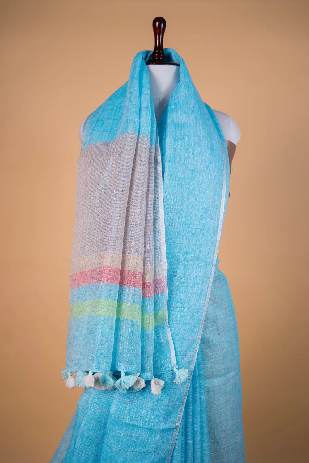 Sky Blue Striped Pure Linen Saree