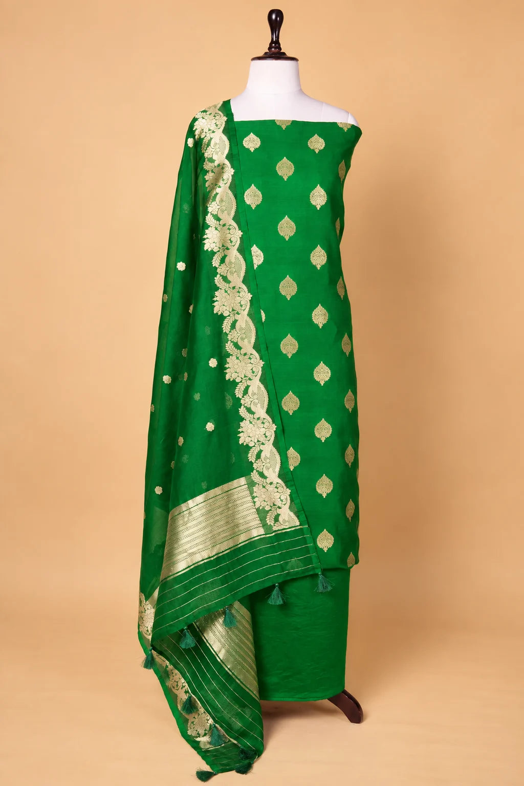 Bottle Green Handwoven Chiniya Silk Suit Set