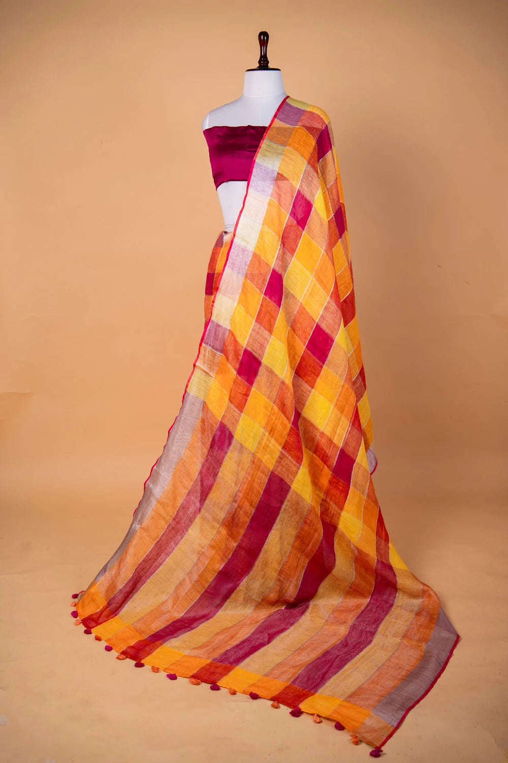Yellow & Orange Multi Checks Pure Linen Saree
