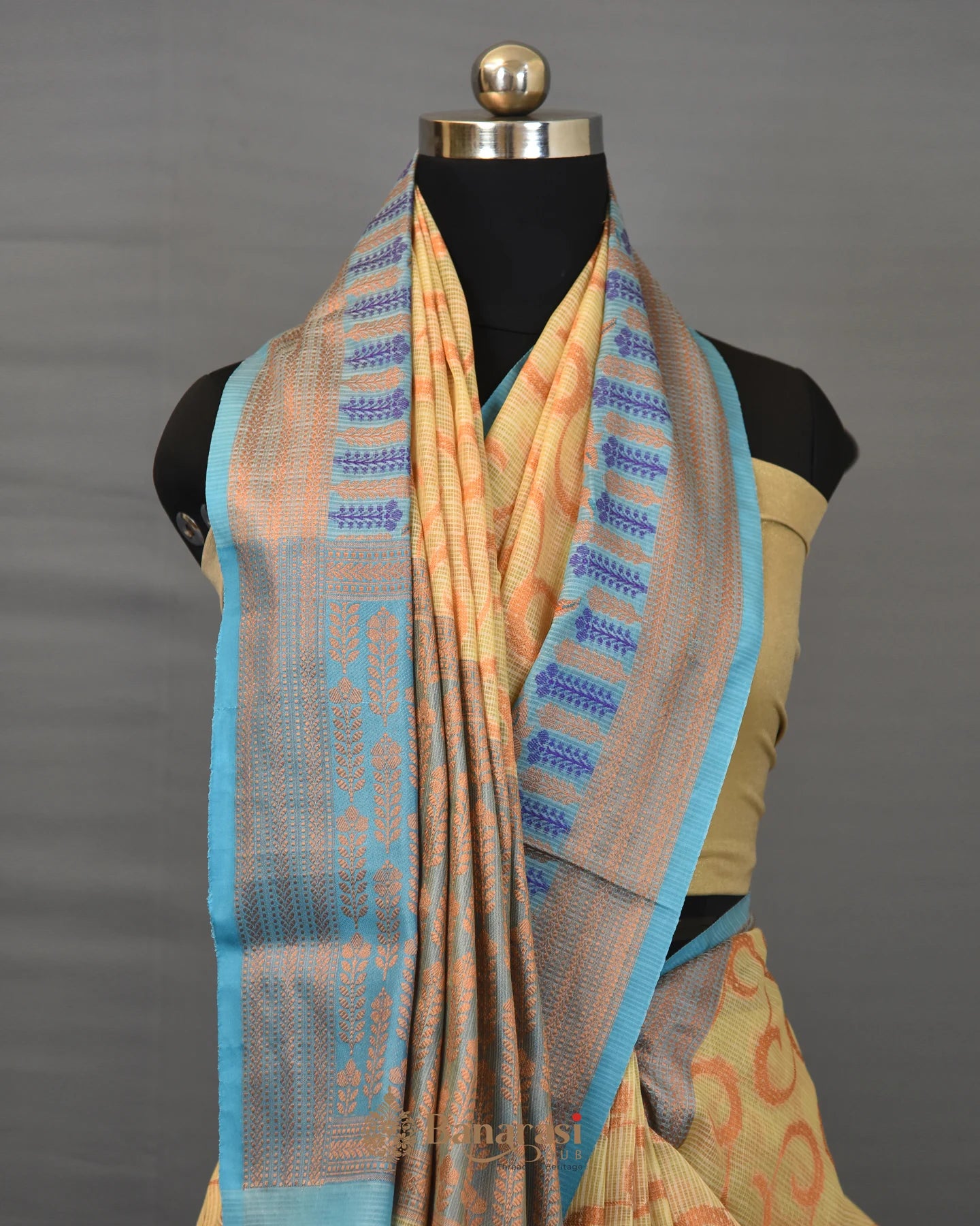 Beige Antique Zari Cotton Banarasi Saree