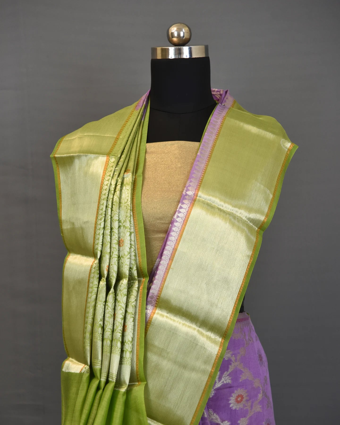Mauve Silver and Golden Zari Weaving Chanderi Silk Saree