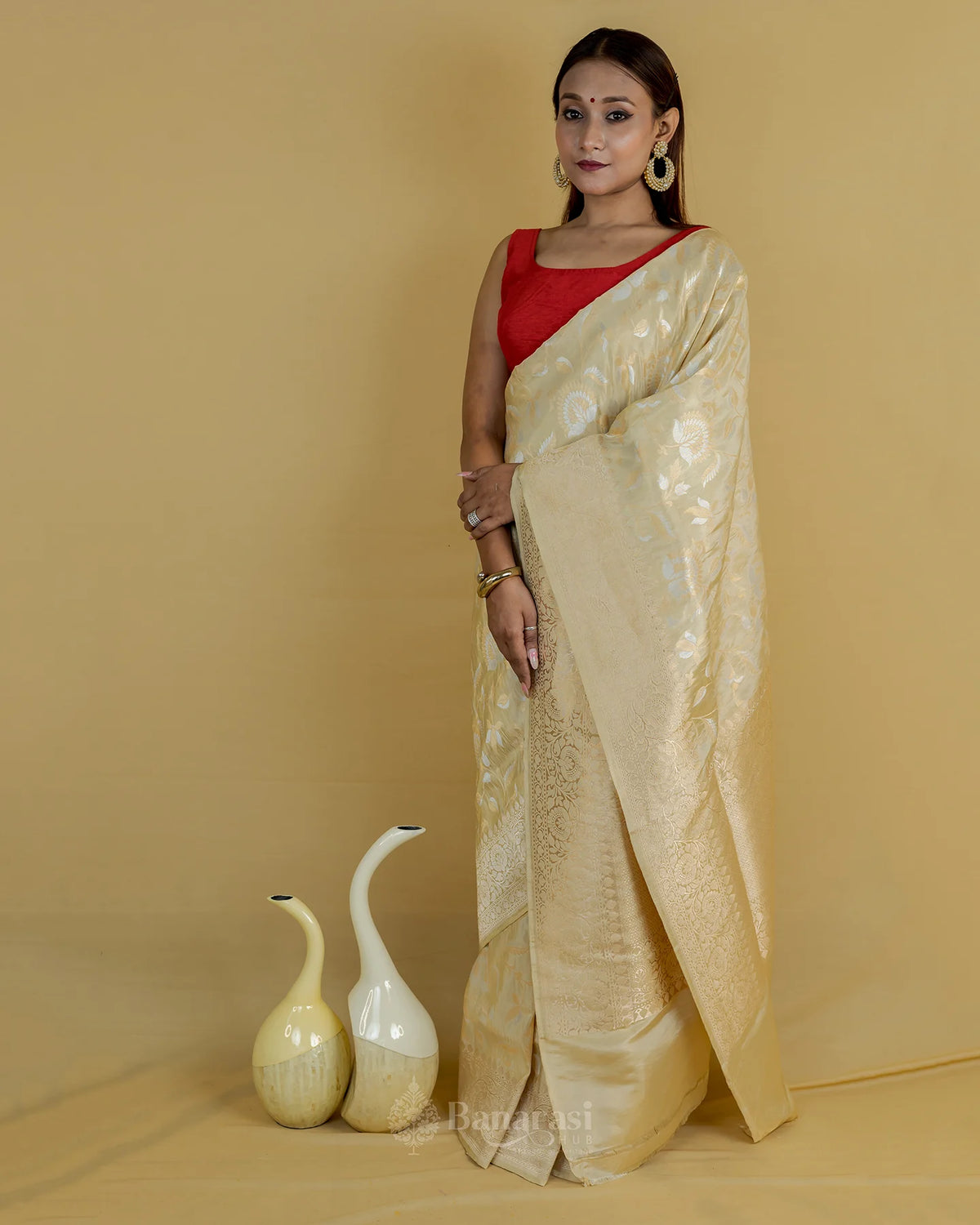 Beige Silver Gold Zari Katan Banarasi Silk Saree