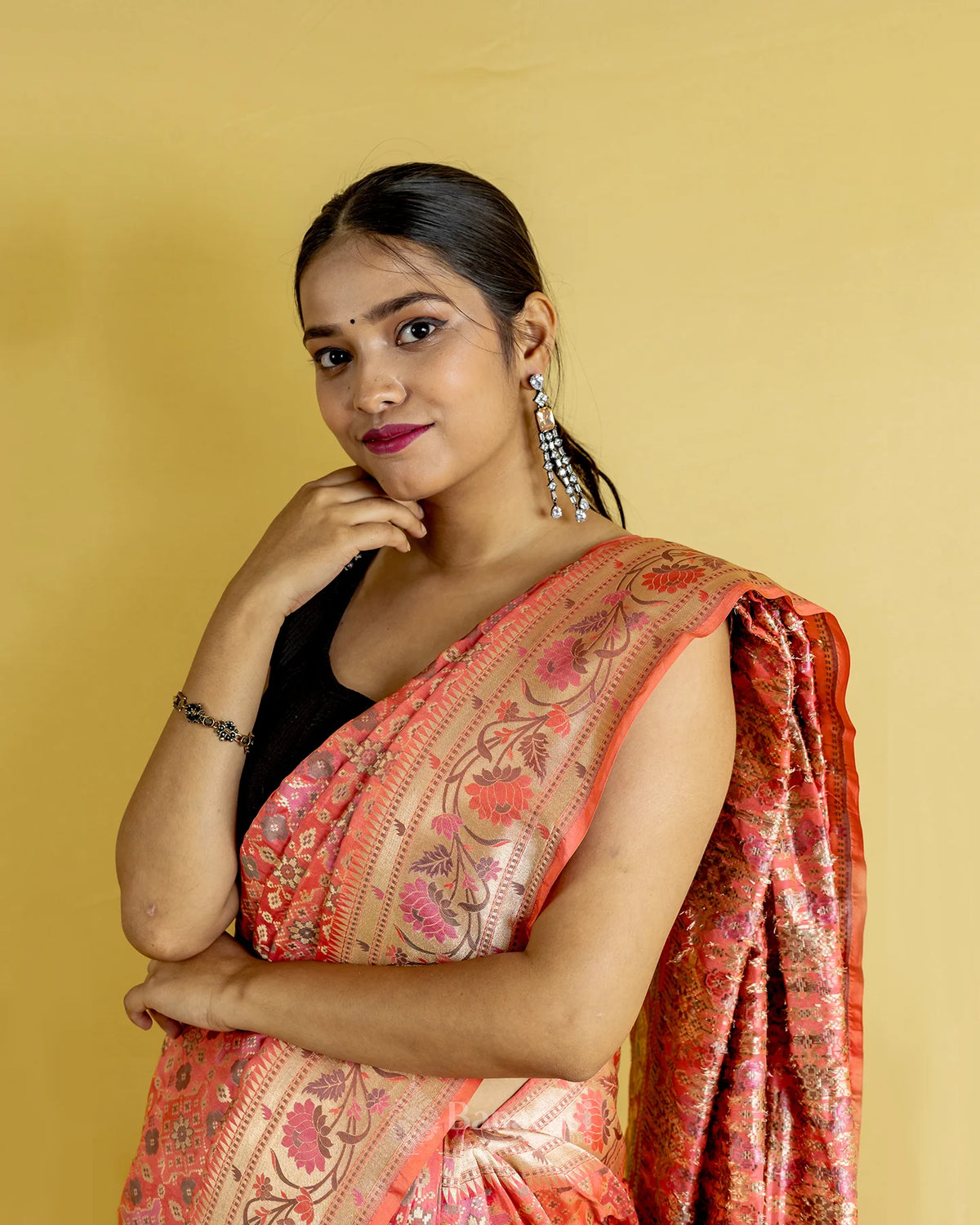 Peach Ikkat Handwoven Katan Banarasi Silk Saree