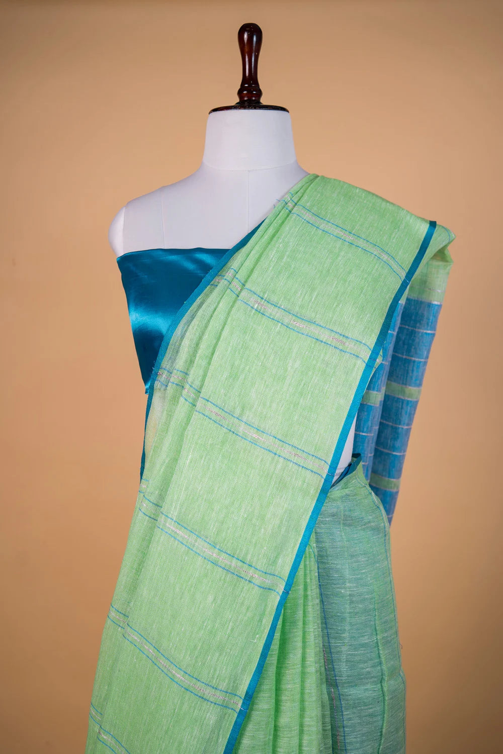 Pista Green & Blue Stripes Pure Linen Saree