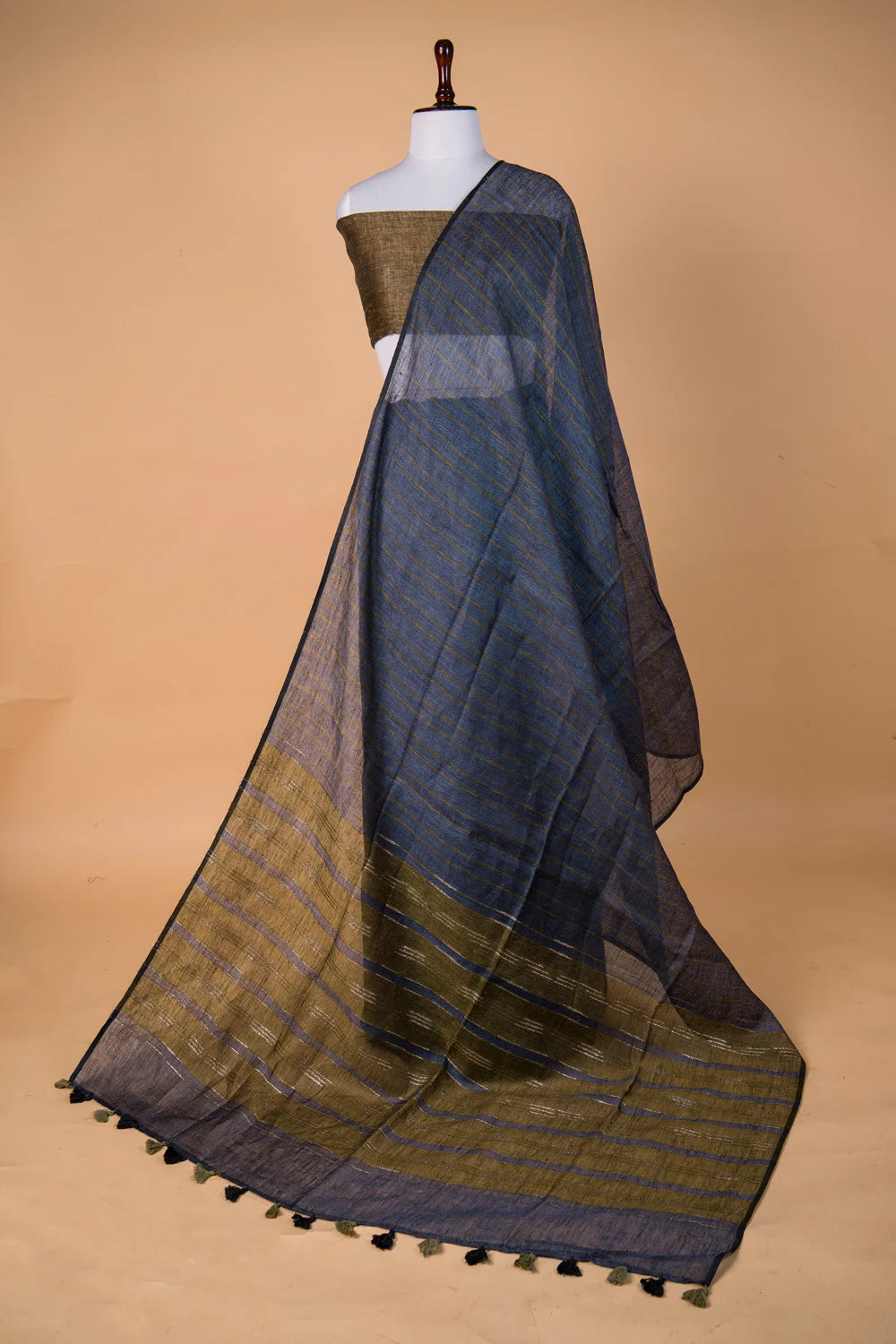 Blue Striped Pure Linen Saree