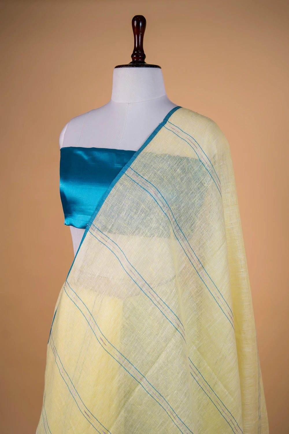 Yellow & Blue Stripes Pure Linen Saree