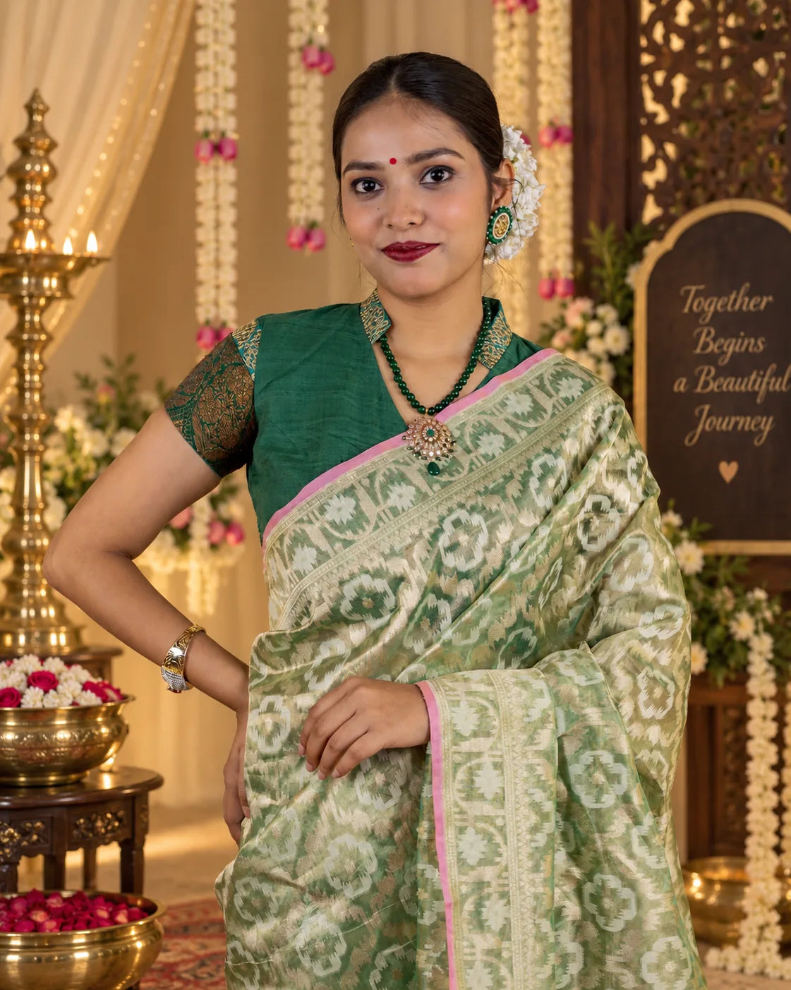 Metallic Liril Green Handwoven Tissue Banarasi Silk Saree