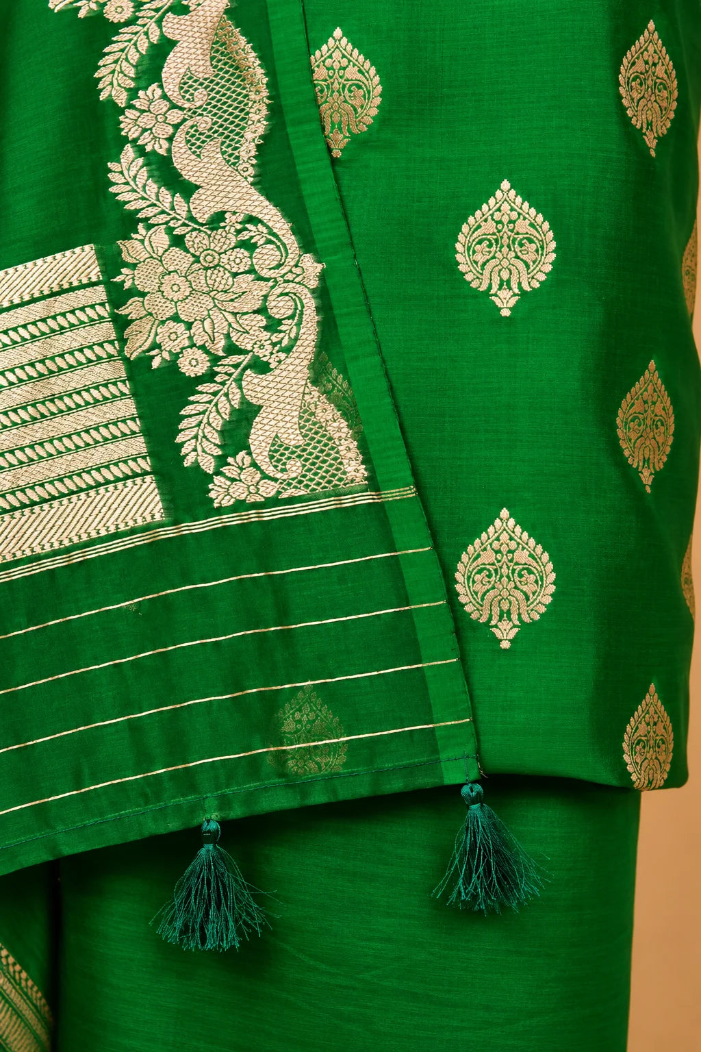 Bottle Green Handwoven Chiniya Silk Suit Set