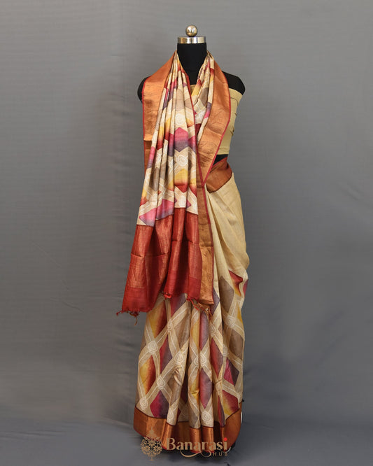 Beige & Pink chikankari digital print tussar silk saree