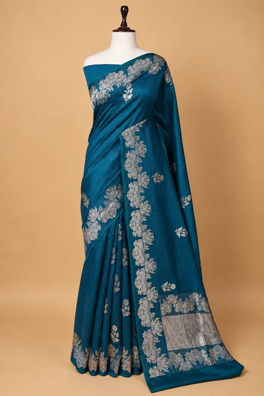 Peacock Blue Floral Puna Silk Saree