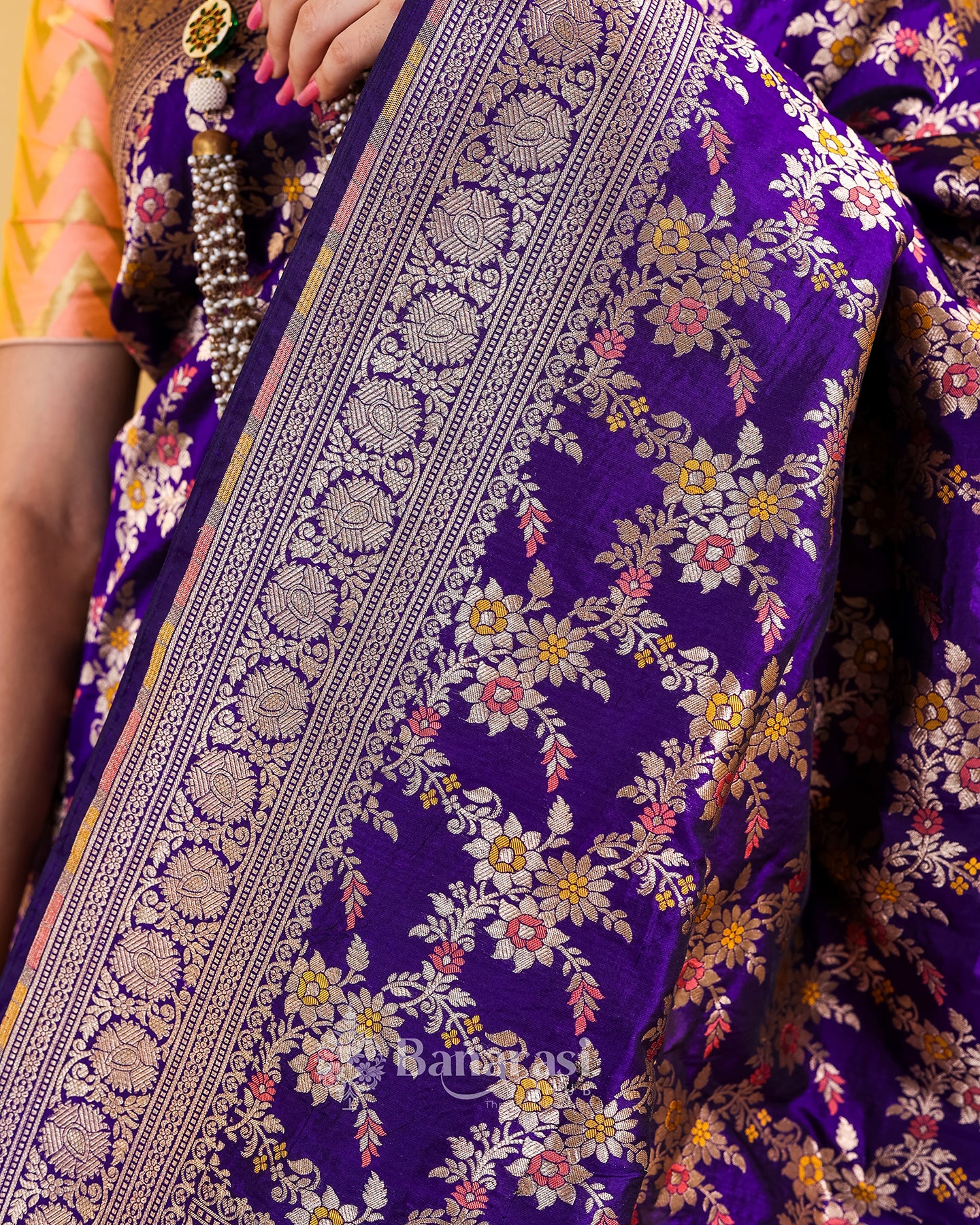 Magenta Floral Meenedar Katan Banarasi Silk Saree