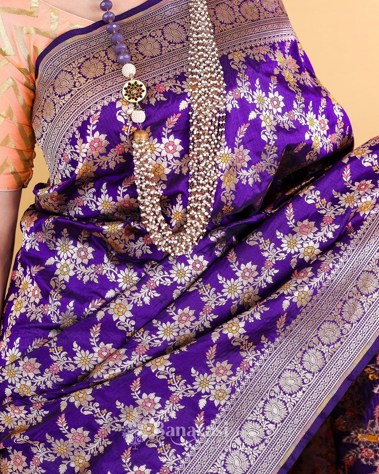 Magenta Floral Meenedar Katan Banarasi Silk Saree