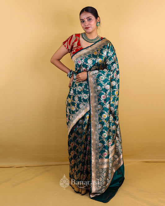 Bottle Green Floral Meenedar Katan Banarasi Silk Saree