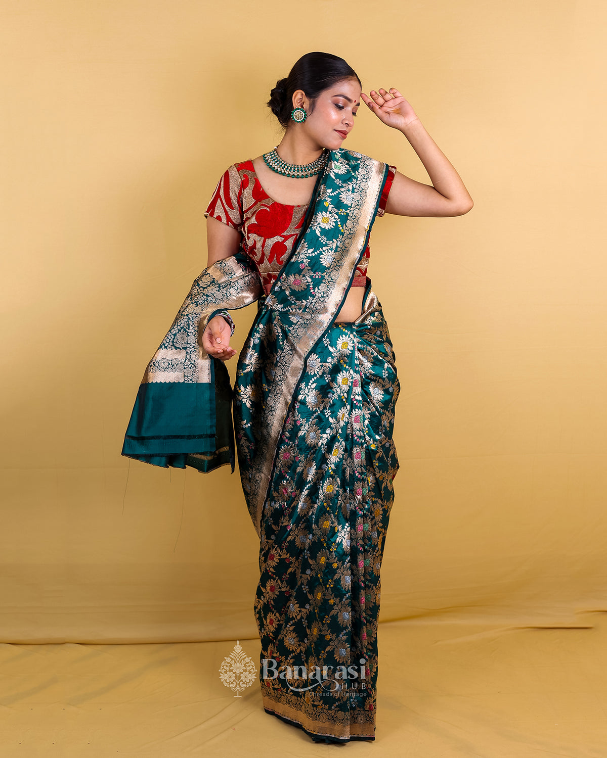 Bottle Green Floral Meenedar Katan Banarasi Silk Saree