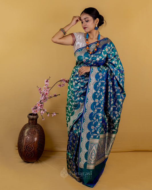 Elegant Peacock Color Uppada Handloom Katan Banarasi Silk Saree