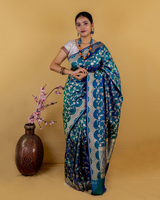 Elegant Peacock Color Uppada Handloom Katan Banarasi Silk Saree