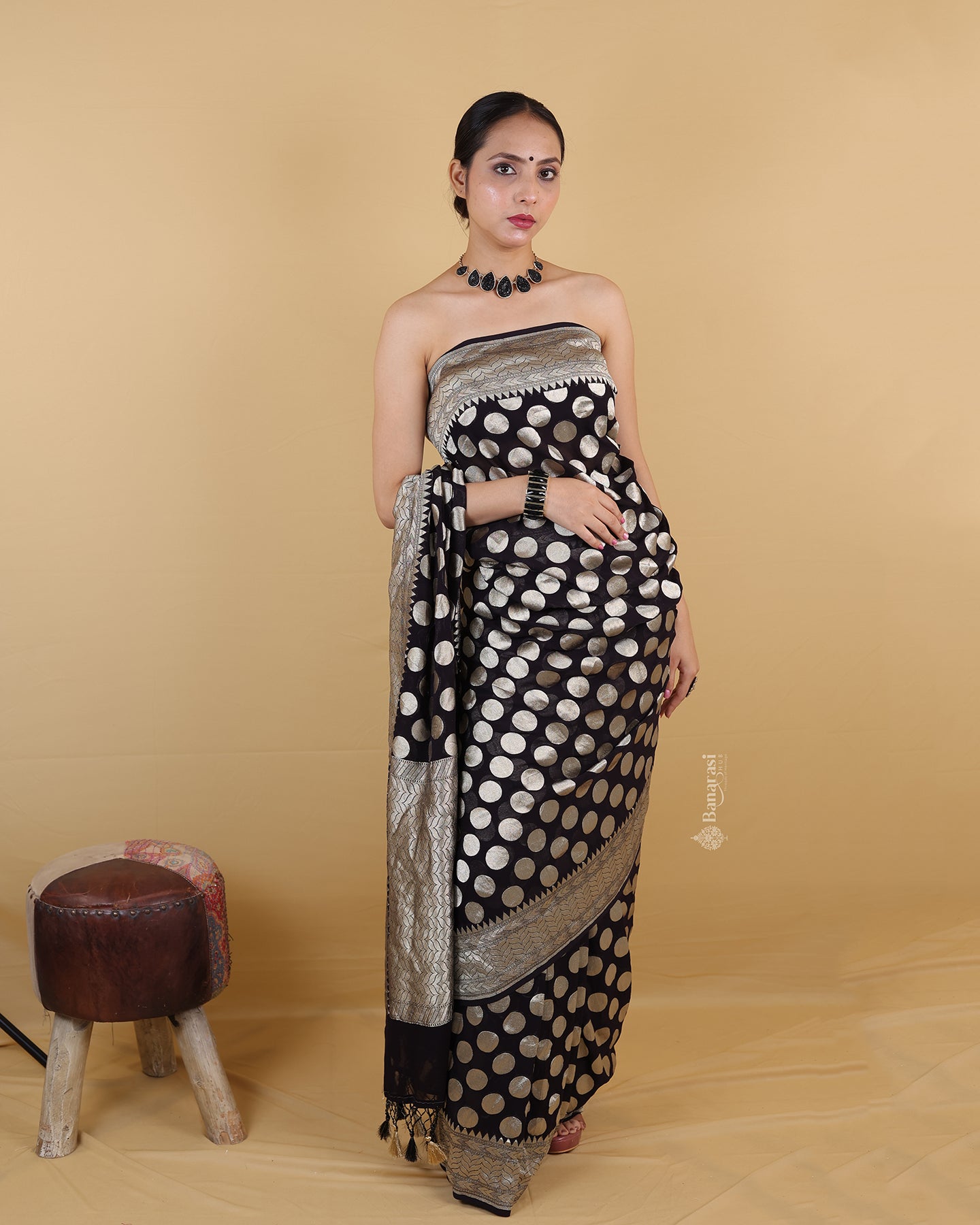 Black Polka Dot Khaddi Banarasi Georgette Silk Saree