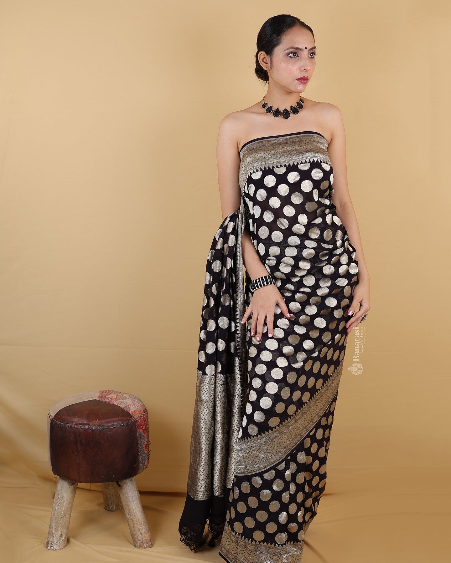 Black Polka Dot Khaddi Banarasi Georgette Silk Saree