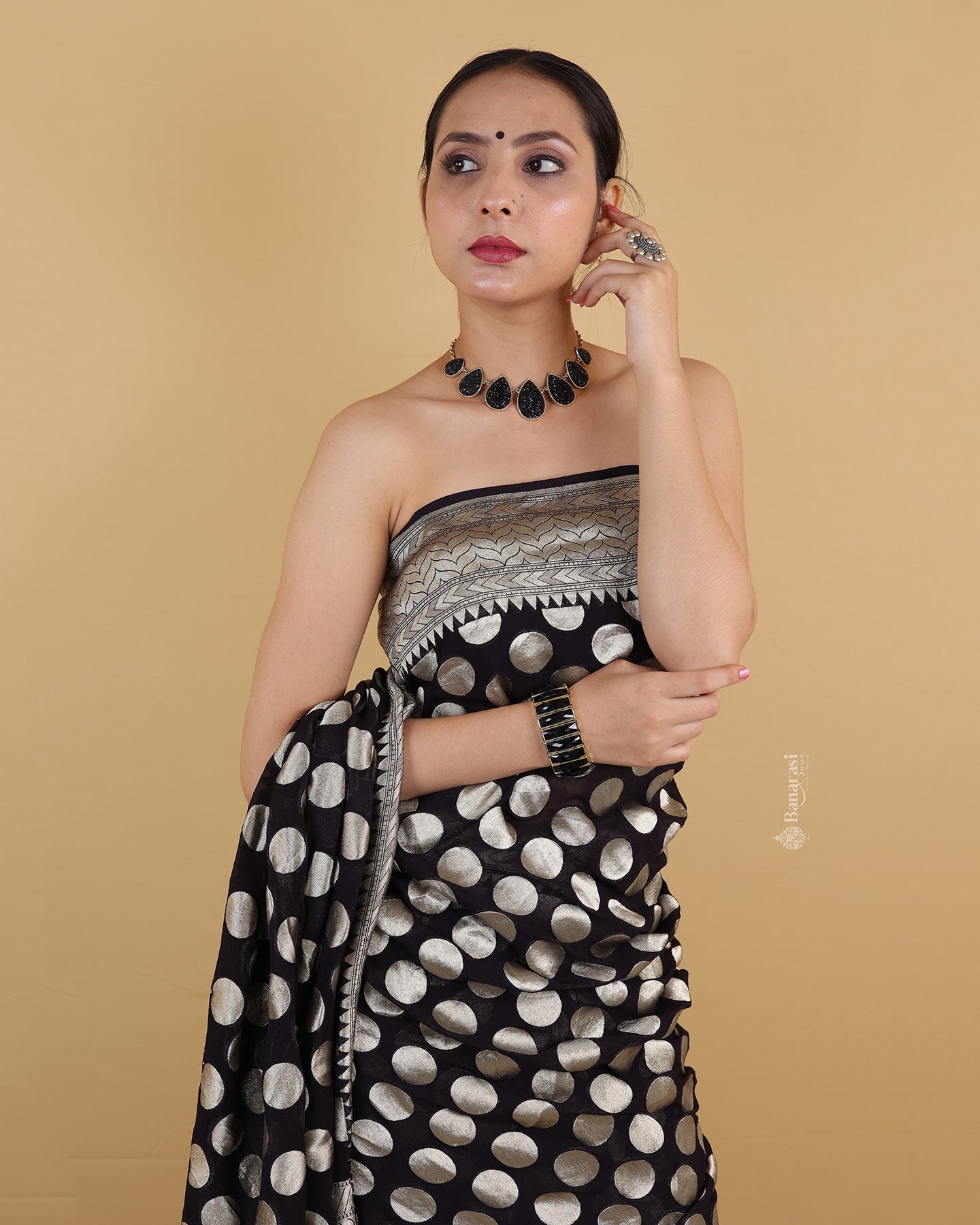 Black Polka Dot Khaddi Banarasi Georgette Silk Saree