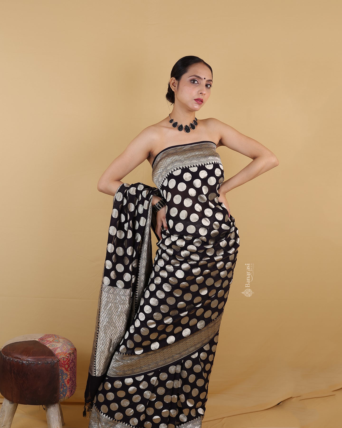 Black Polka Dot Khaddi Banarasi Georgette Silk Saree