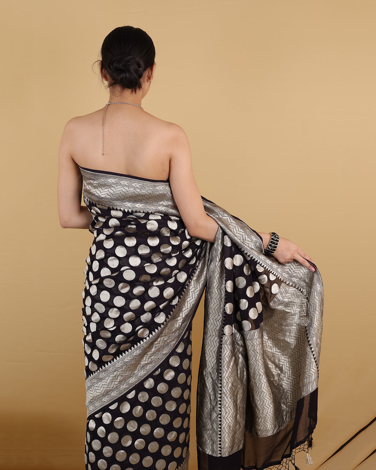 Black Polka Dot Khaddi Banarasi Georgette Silk Saree