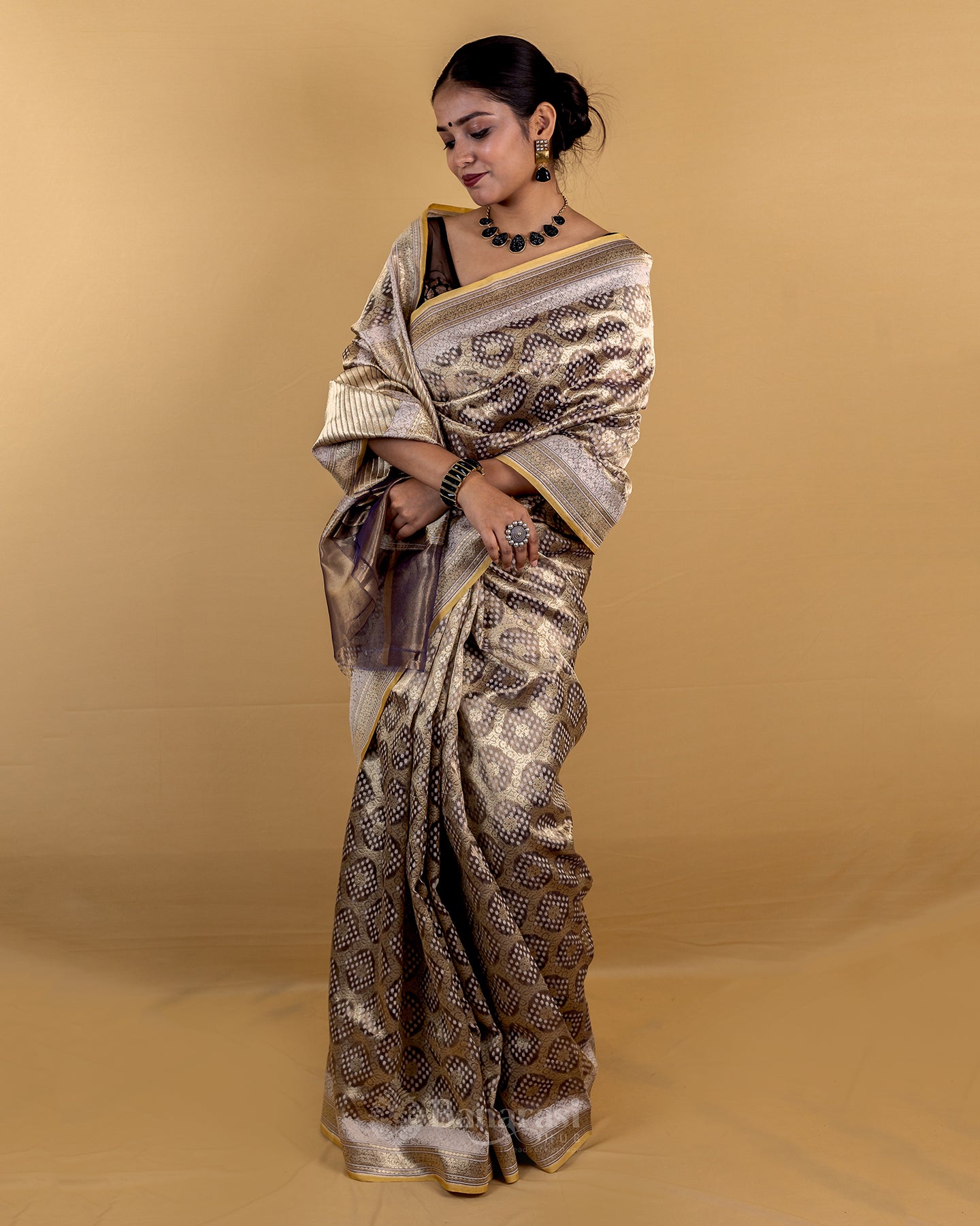 Metallic Grey Woven Tissue Banarasi Silk Saree