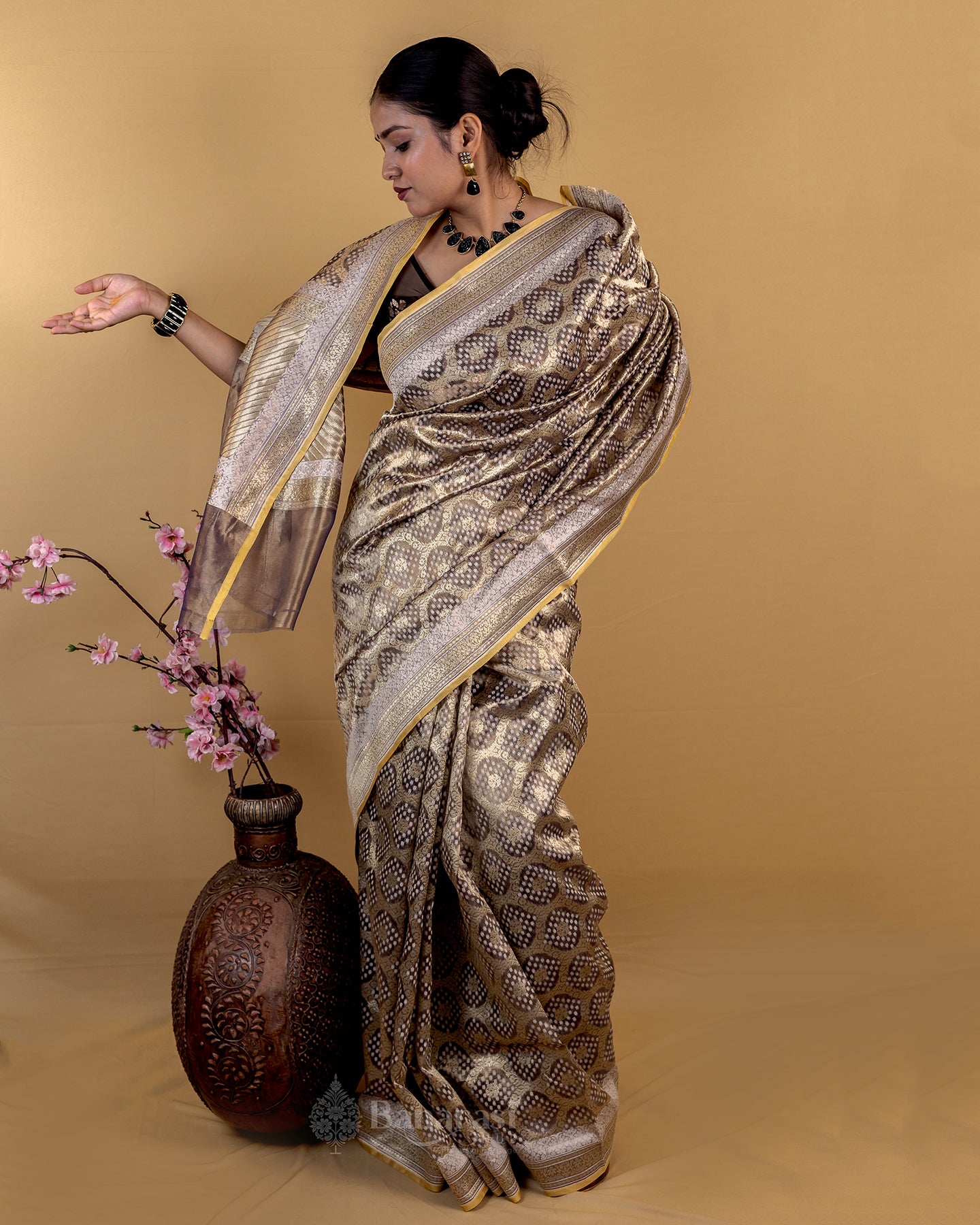 Metallic Grey Woven Tissue Banarasi Silk Saree