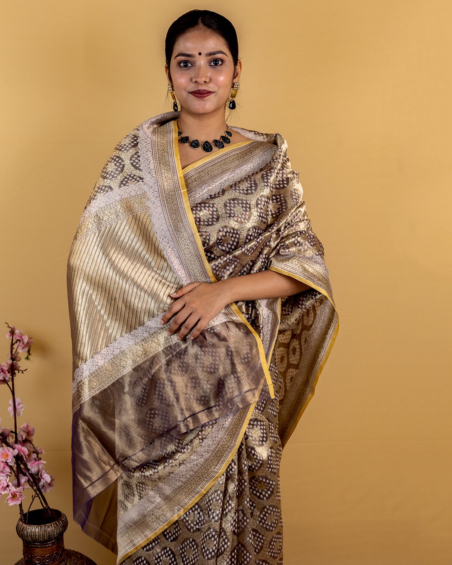 Metallic Grey Woven Tissue Banarasi Silk Saree