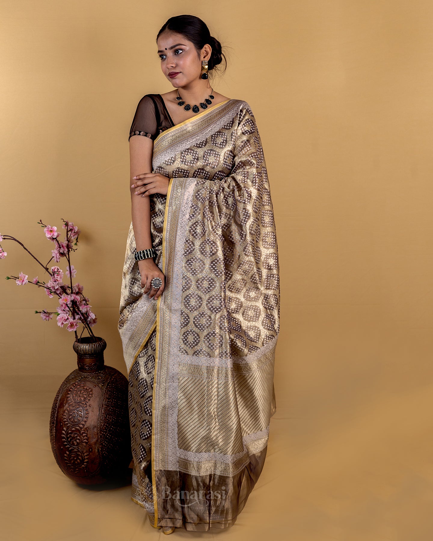 Metallic Grey Woven Tissue Banarasi Silk Saree