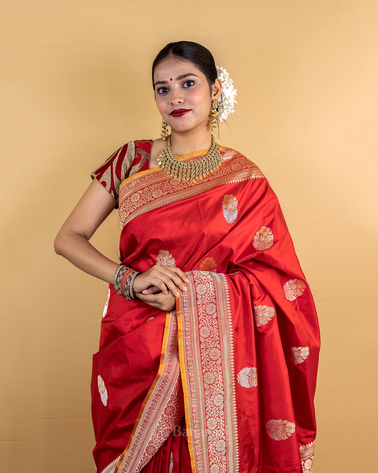 Cherry Red Sona Rupa Kadhua Katan Banarasi Silk Saree