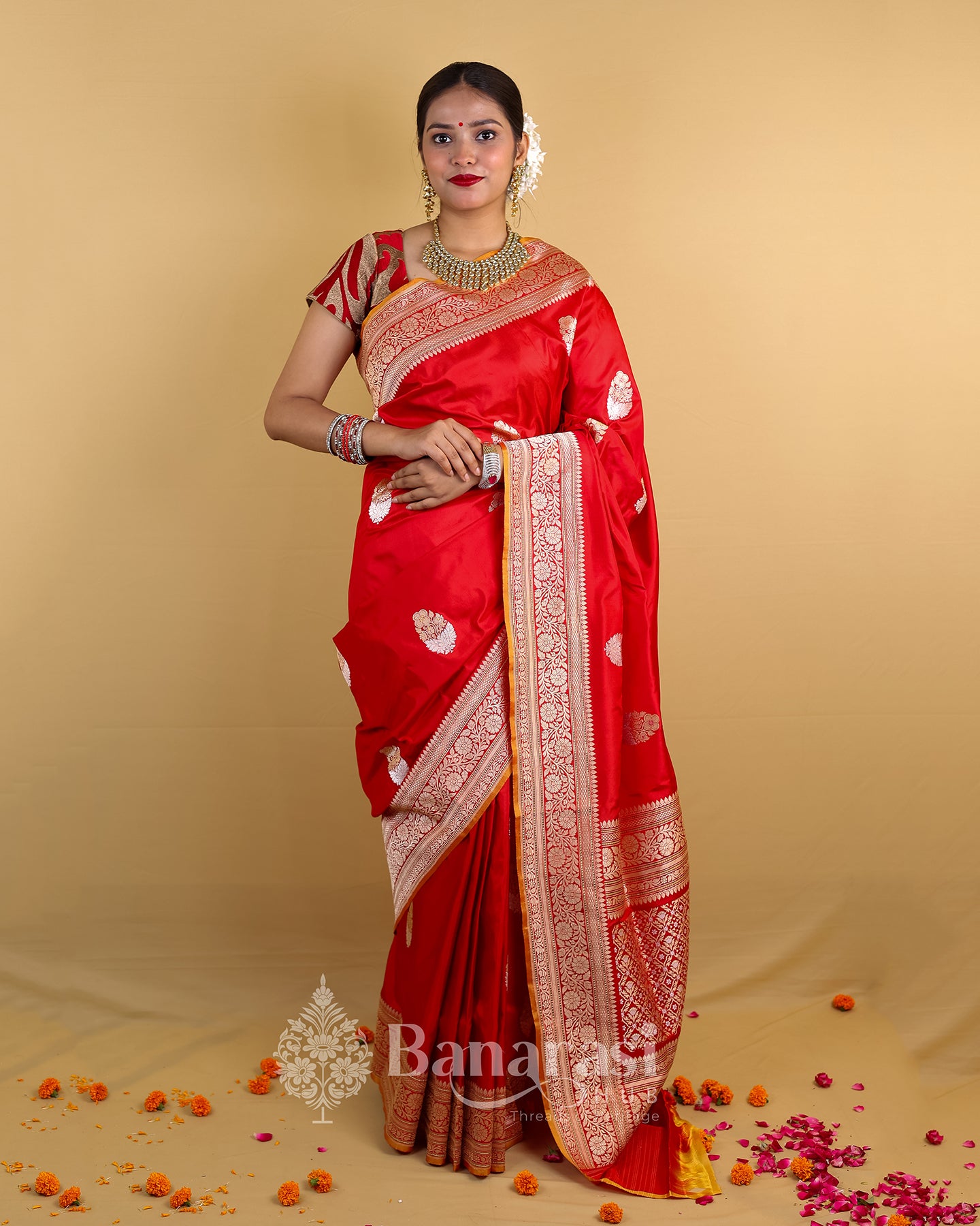 Cherry Red Sona Rupa Kadhua Katan Banarasi Silk Saree