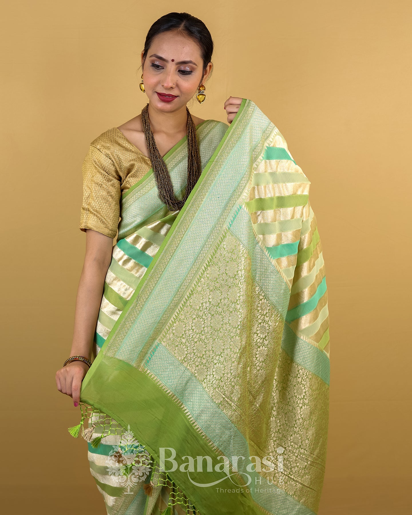 Pista Green Rangkat Khaddi Banarasi Georgette Silk Saree