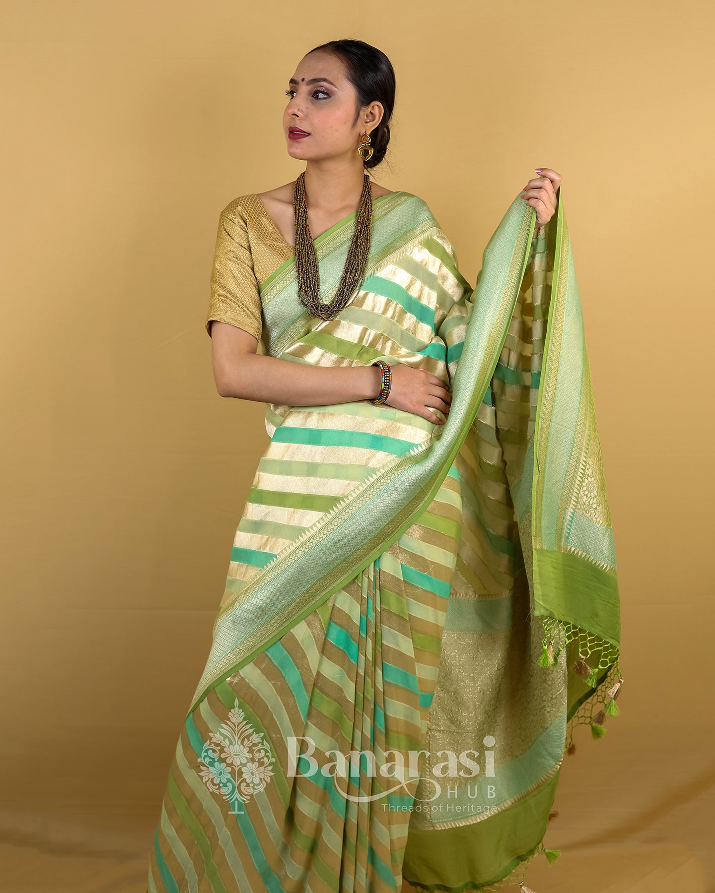 Pista Green Rangkat Khaddi Banarasi Georgette Silk Saree