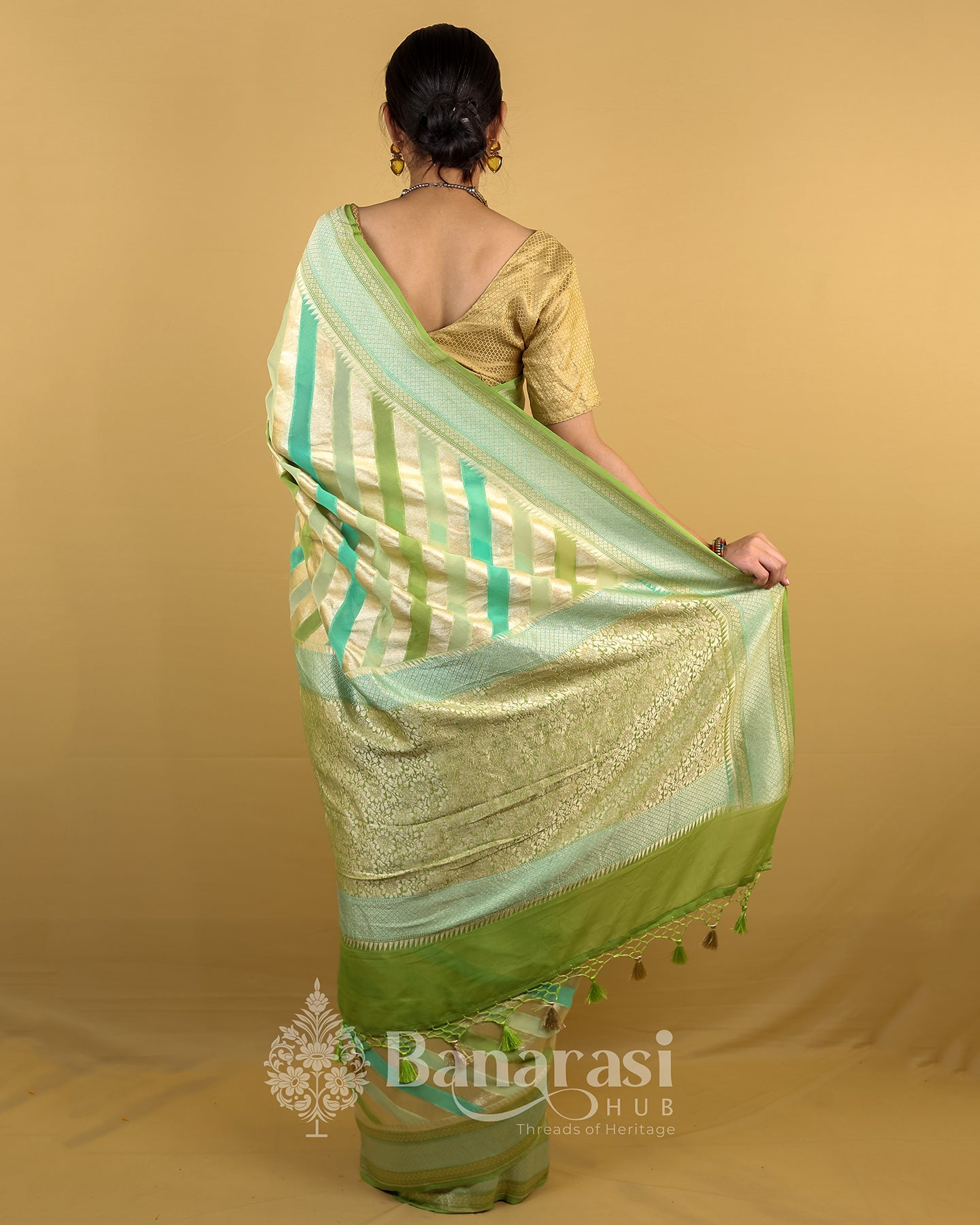 Pista Green Rangkat Khaddi Banarasi Georgette Silk Saree