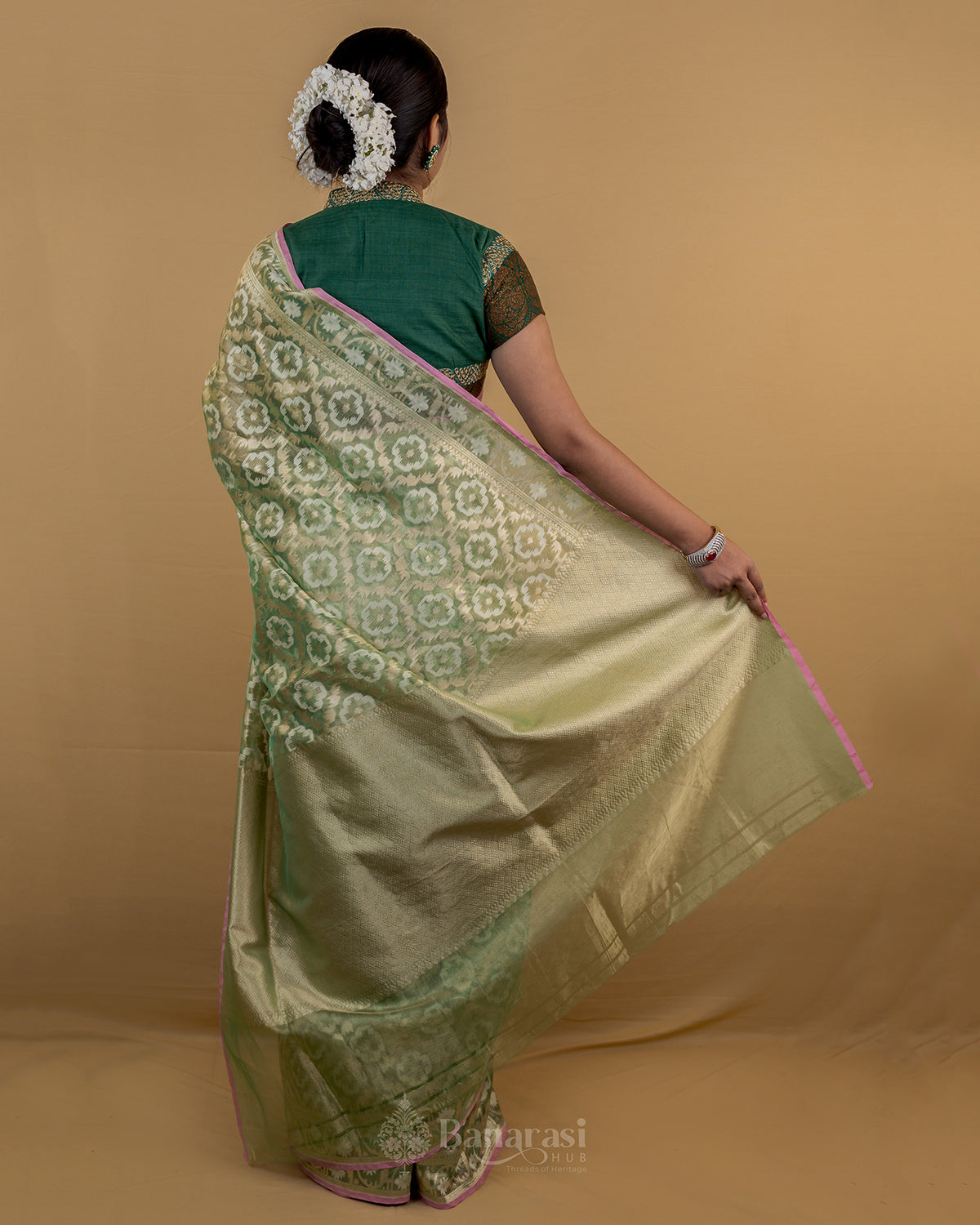 Metallic Liril Green Handwoven Tissue Banarasi Silk Saree