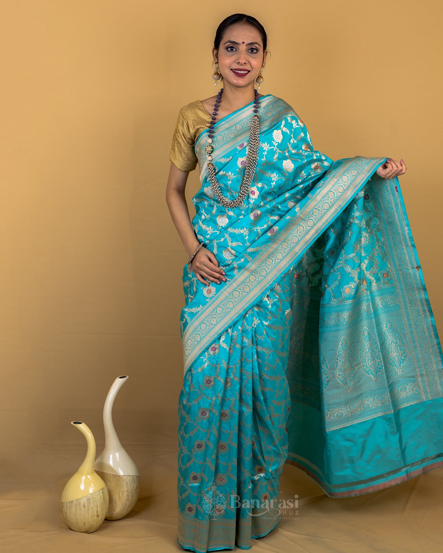 Firozi Blue Meenedar Upada Katan Banarasi Silk Saree