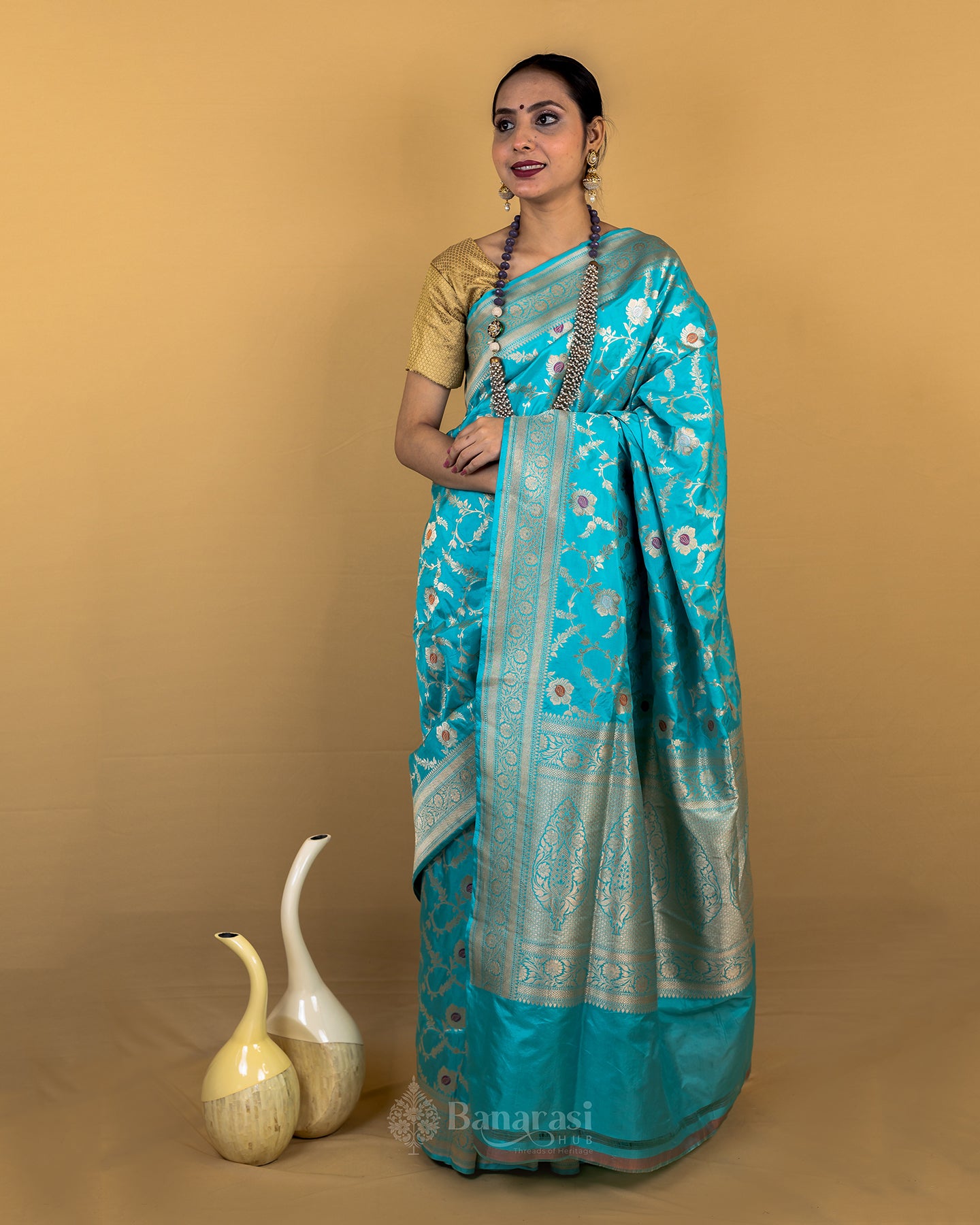 Firozi Blue Meenedar Upada Katan Banarasi Silk Saree