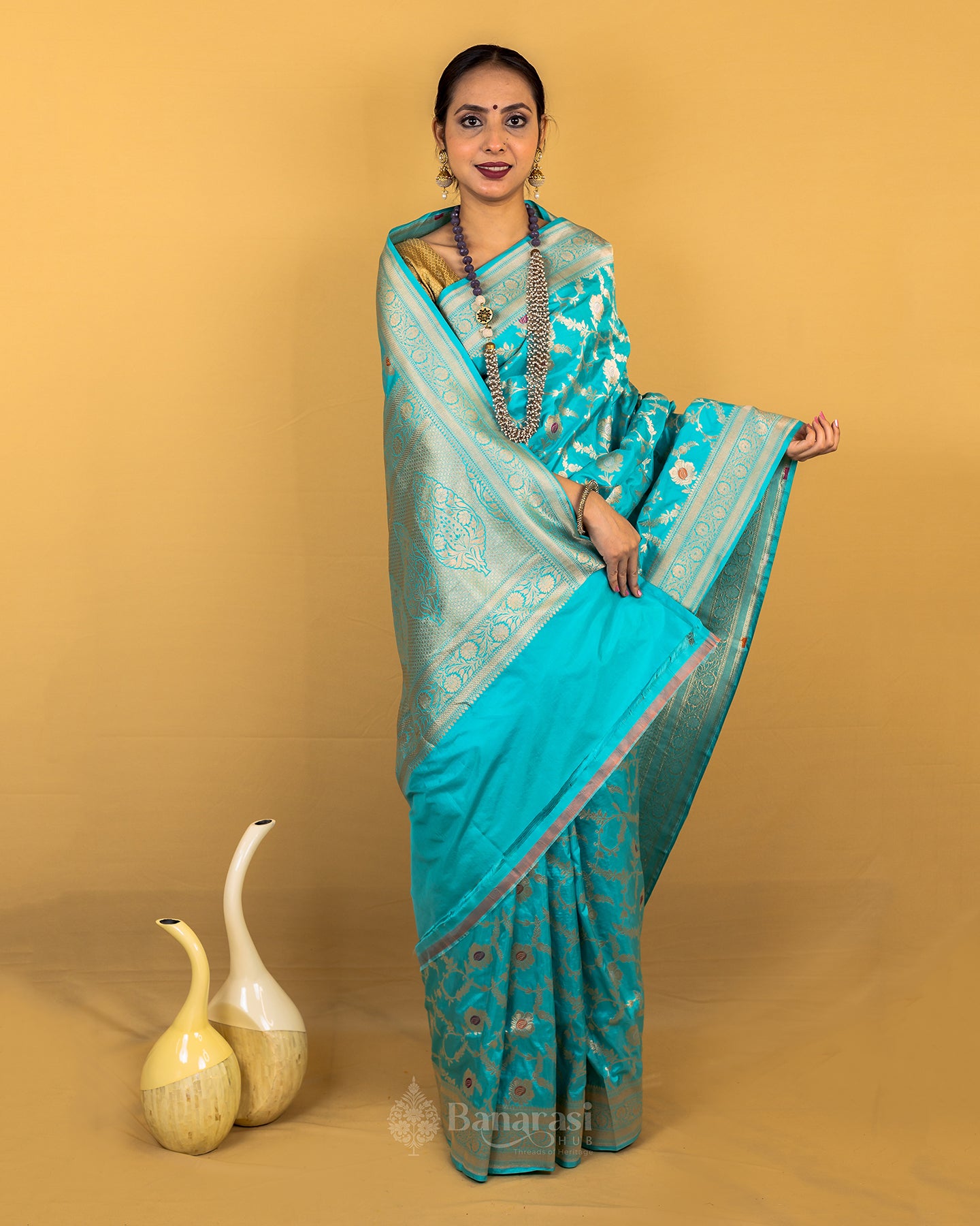 Firozi Blue Meenedar Upada Katan Banarasi Silk Saree