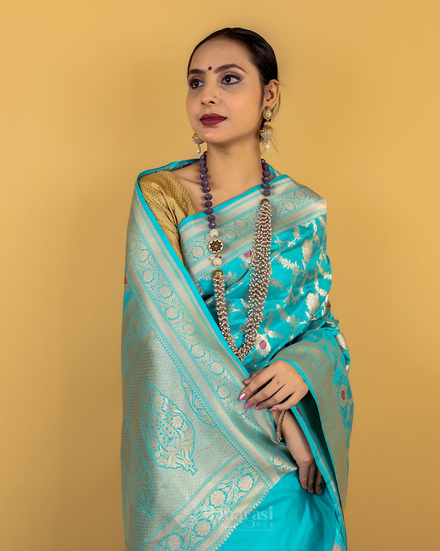 Firozi Blue Meenedar Upada Katan Banarasi Silk Saree