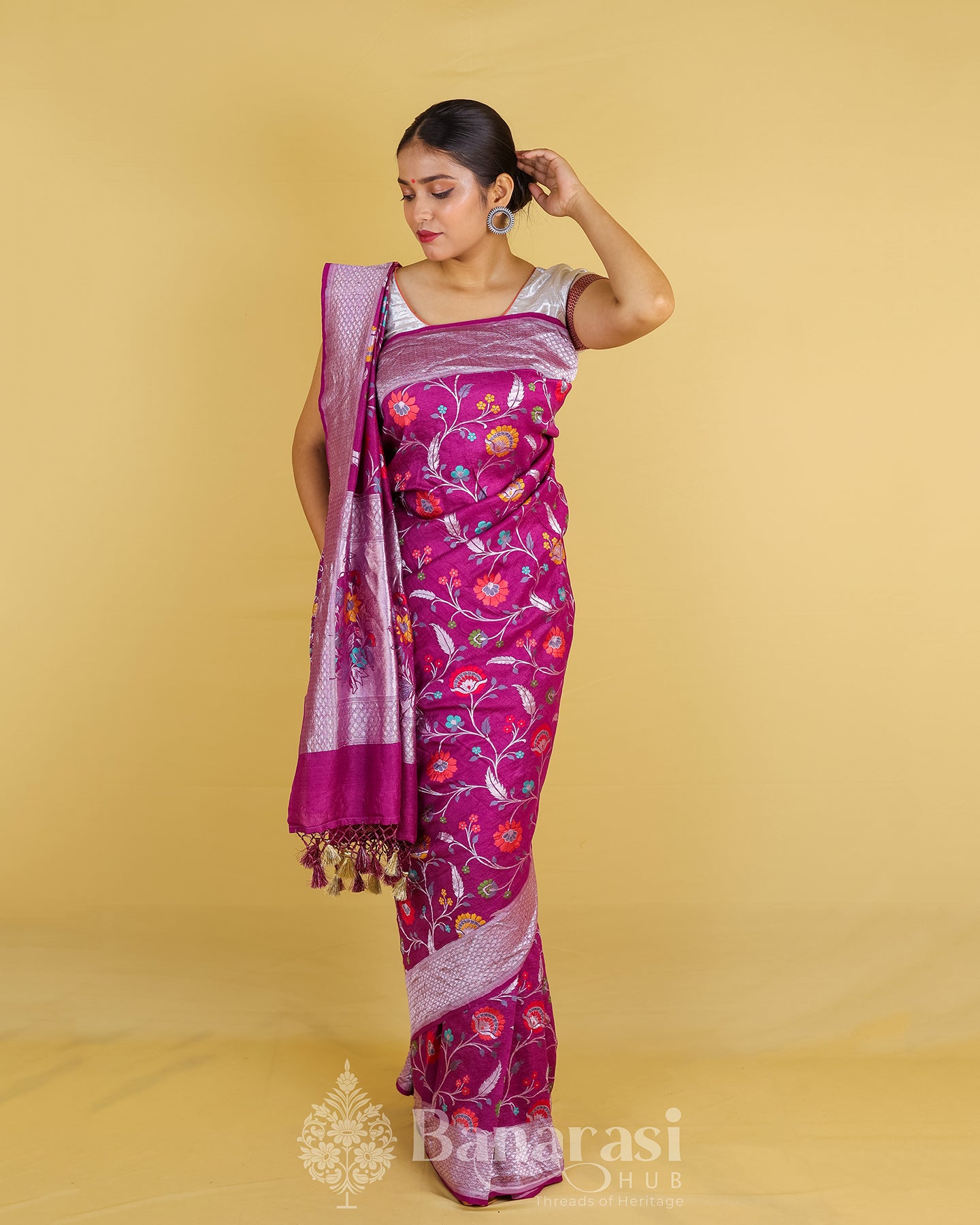 Dark Magenta Floral Handwoven Tussar Banarasi Khaddi Silk Saree