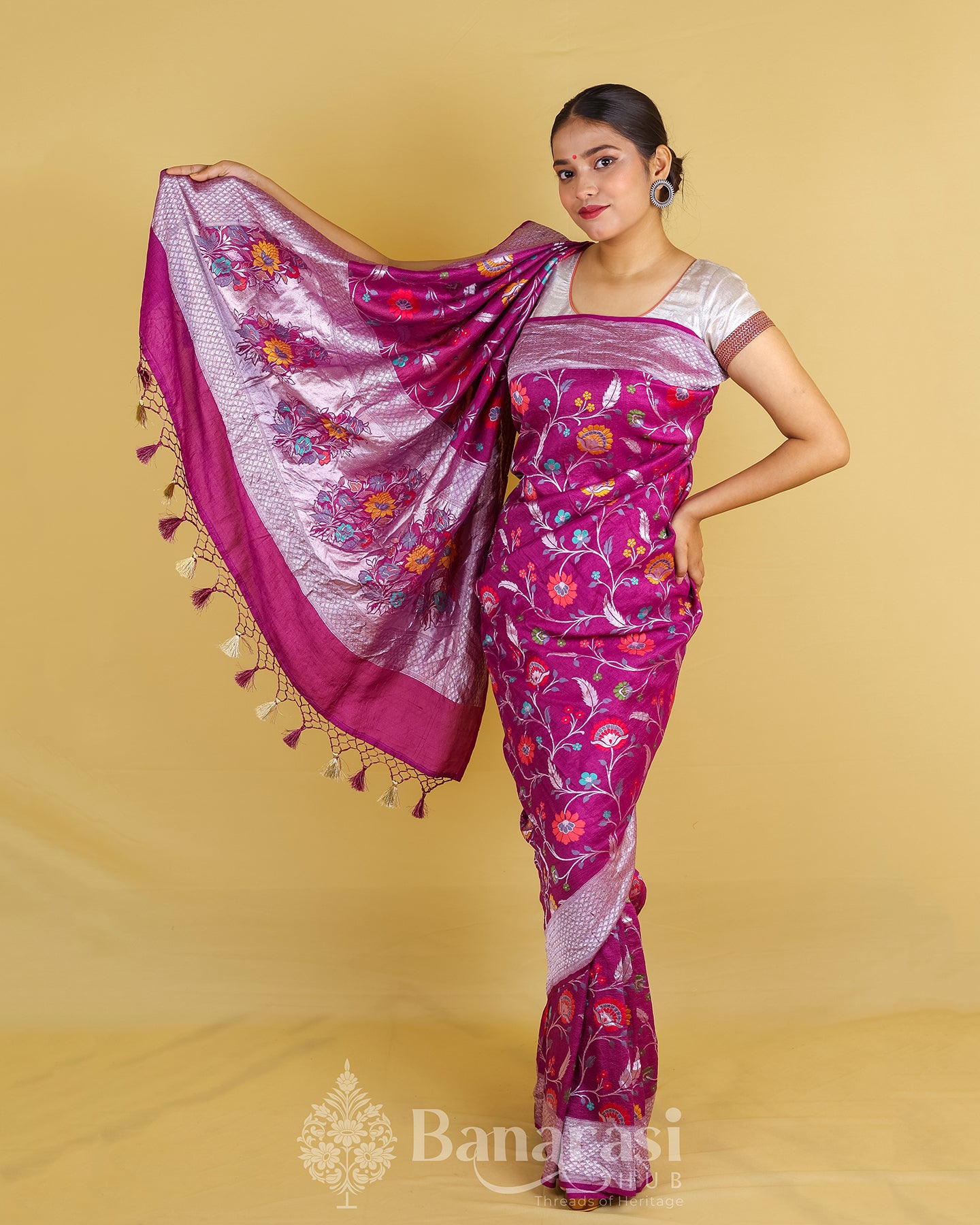 Dark Magenta Floral Handwoven Tussar Banarasi Khaddi Silk Saree